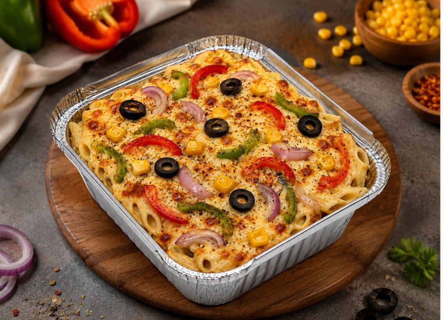 Baked cheesy pasta tray