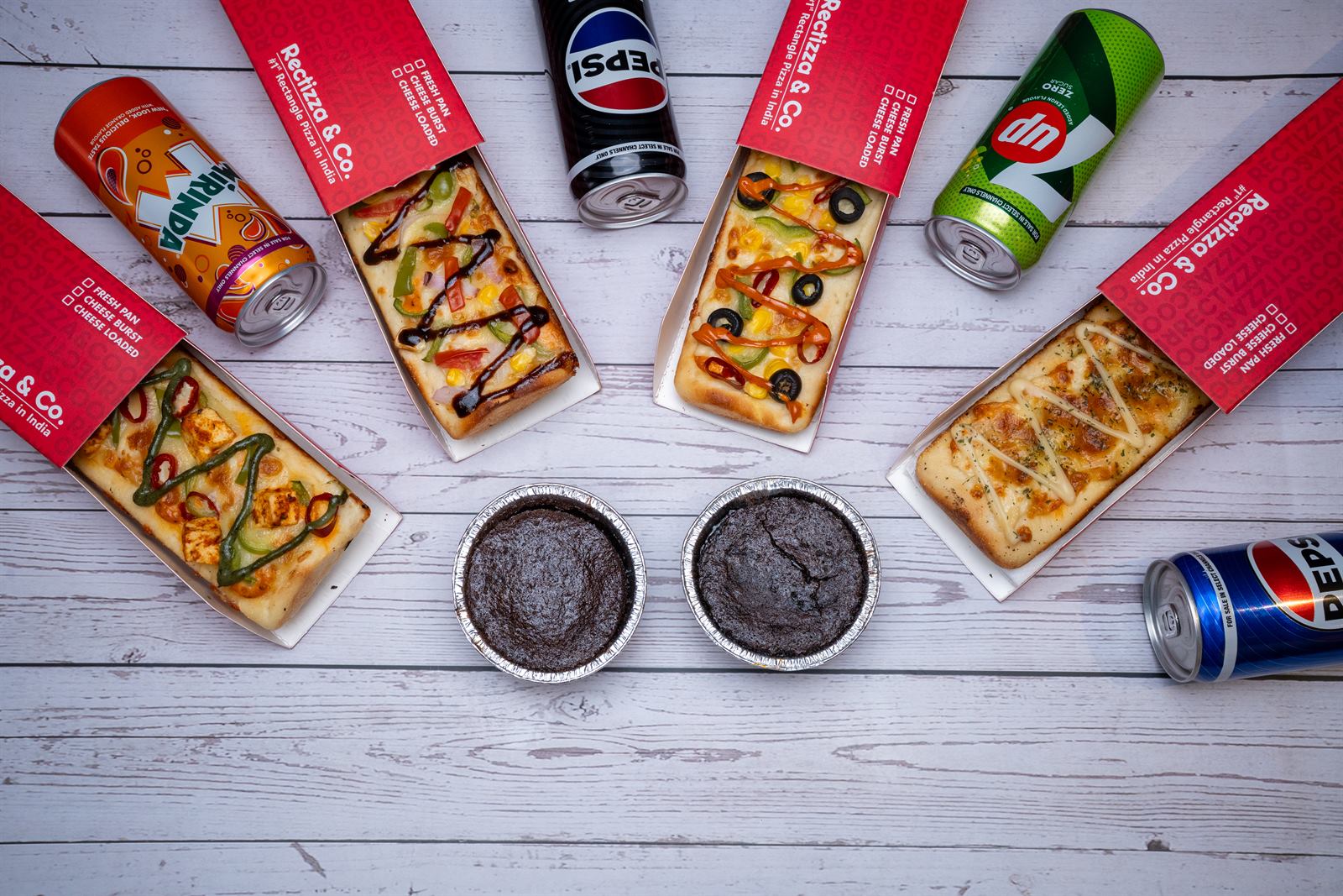 Rectizza rectangular pizzas, drinks and choco lava